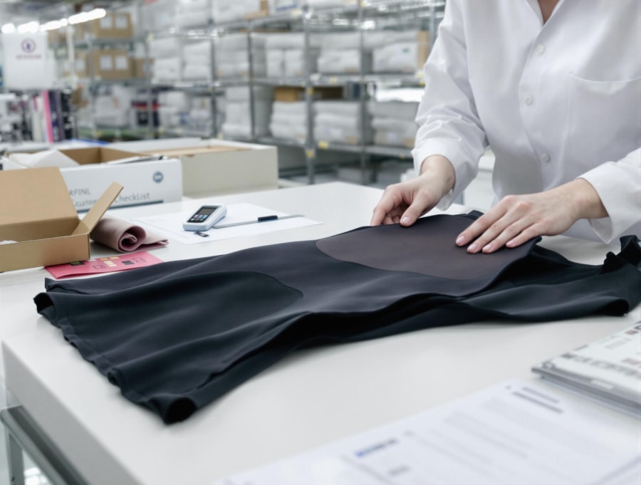 Inspección de una pieza de patrón negra para una muestra de ropa moldeadora
